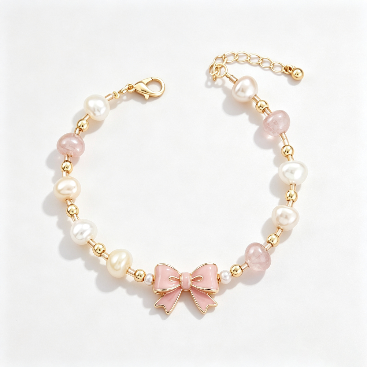 Pink Bow Pearl Charm Bracelet