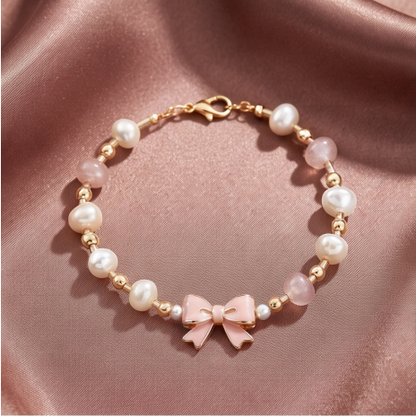 Pink Bow Pearl Charm Bracelet