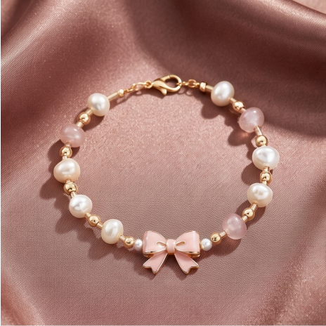 Pink Bow Pearl Charm Bracelet