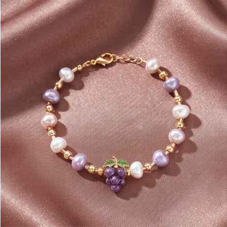 Purple Grape Charm Pearl Bracelet