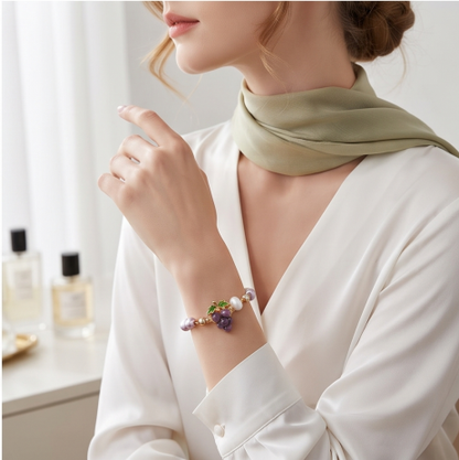 Purple Grape Charm Pearl Bracelet
