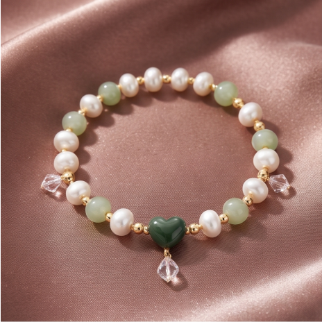 Forest Green Heart Pearl Bracelet