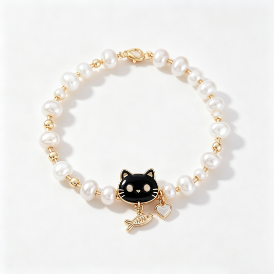 Black Cat Pearl Charm Bracelet