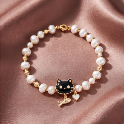 Black Cat Pearl Charm Bracelet
