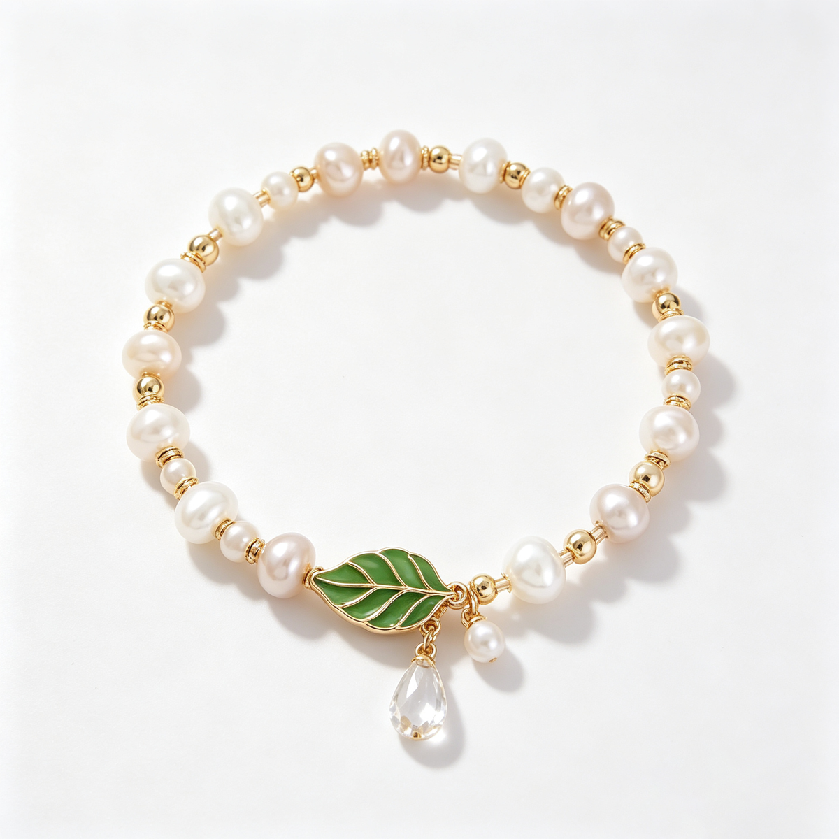 Green Leaf Pearl Charm Bracelet