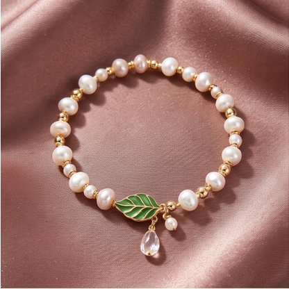 Green Leaf Pearl Charm Bracelet