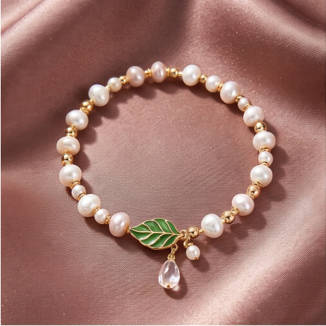 Green Leaf Pearl Charm Bracelet