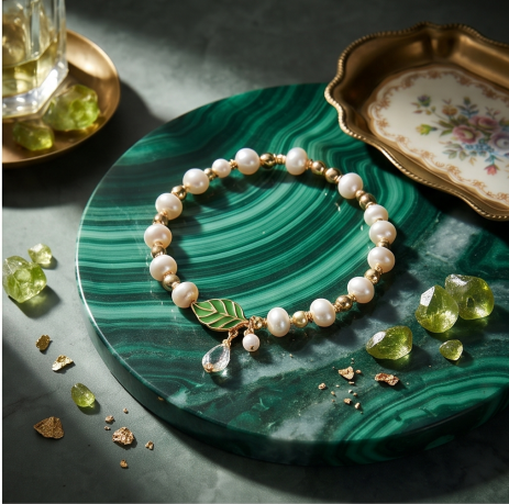 Green Leaf Pearl Charm Bracelet